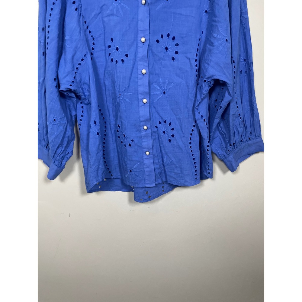 Anthropologie Forever That Girl Blue Puff Sleeve Cotton Eyelet Button Down - Picture 4 of 10